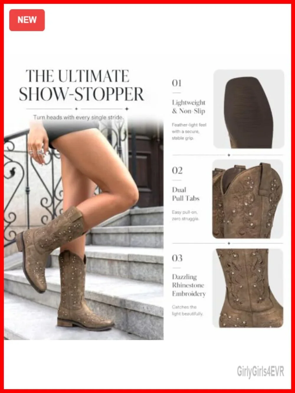 Sparkly Rhinestone Cowgirl Boots Square Toe Mid-Calf Western Pull-On